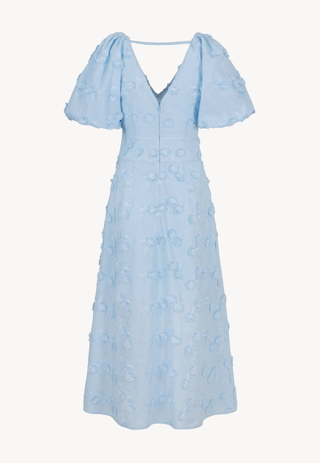 Błękitna sukienka midi z kwiatowym haftem FELICITE