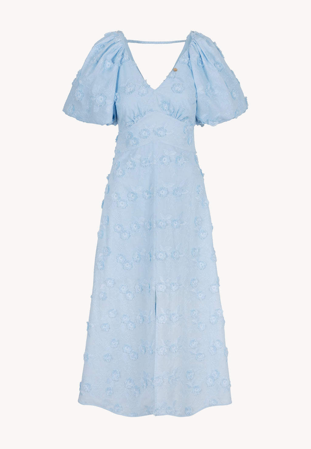 Błękitna sukienka midi z kwiatowym haftem FELICITE