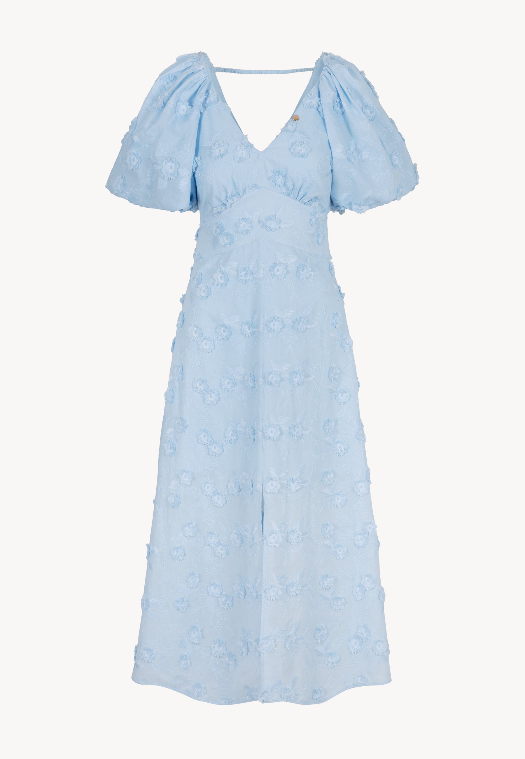 Błękitna sukienka midi z kwiatowym haftem FELICITE