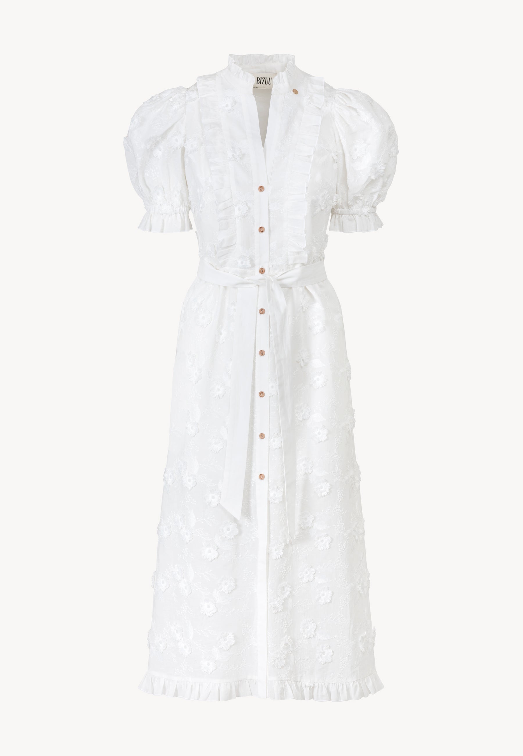 Biała sukienka midi z ozdobnymi kwiatkami NATTA