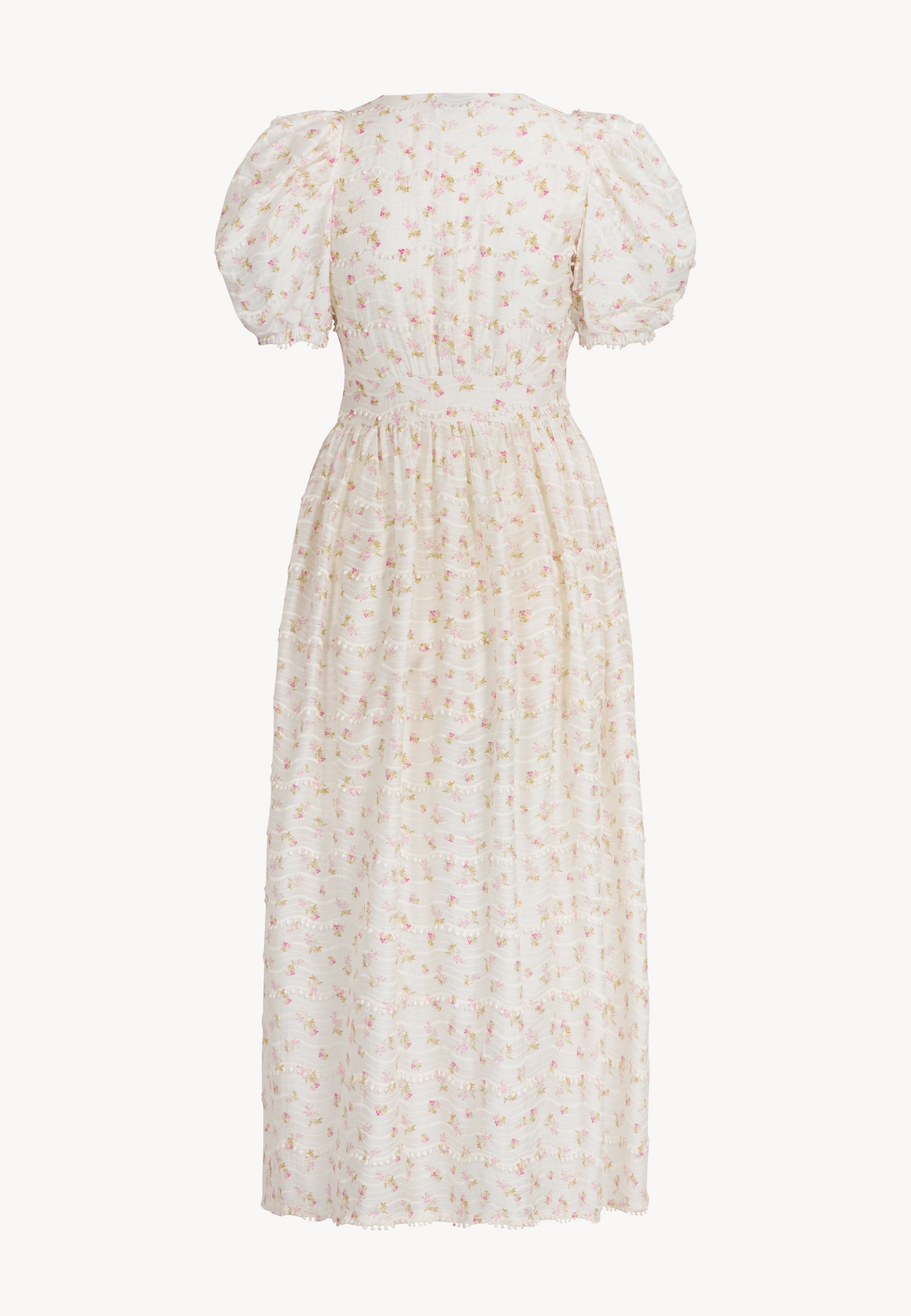 Kremowa sukienka maxi w autorski print FIFFI