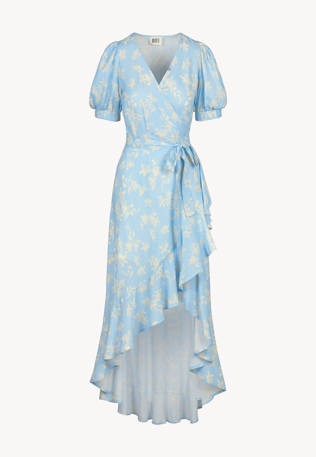 Kopertowa sukienka z ozdobną falbanką ISLAY błękitna