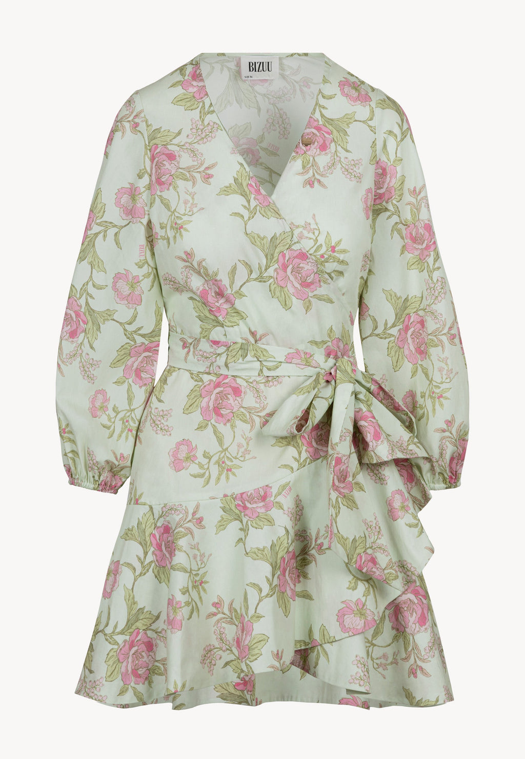 Kopertowa sukienka mini w autorski print AMBROSIA zielona