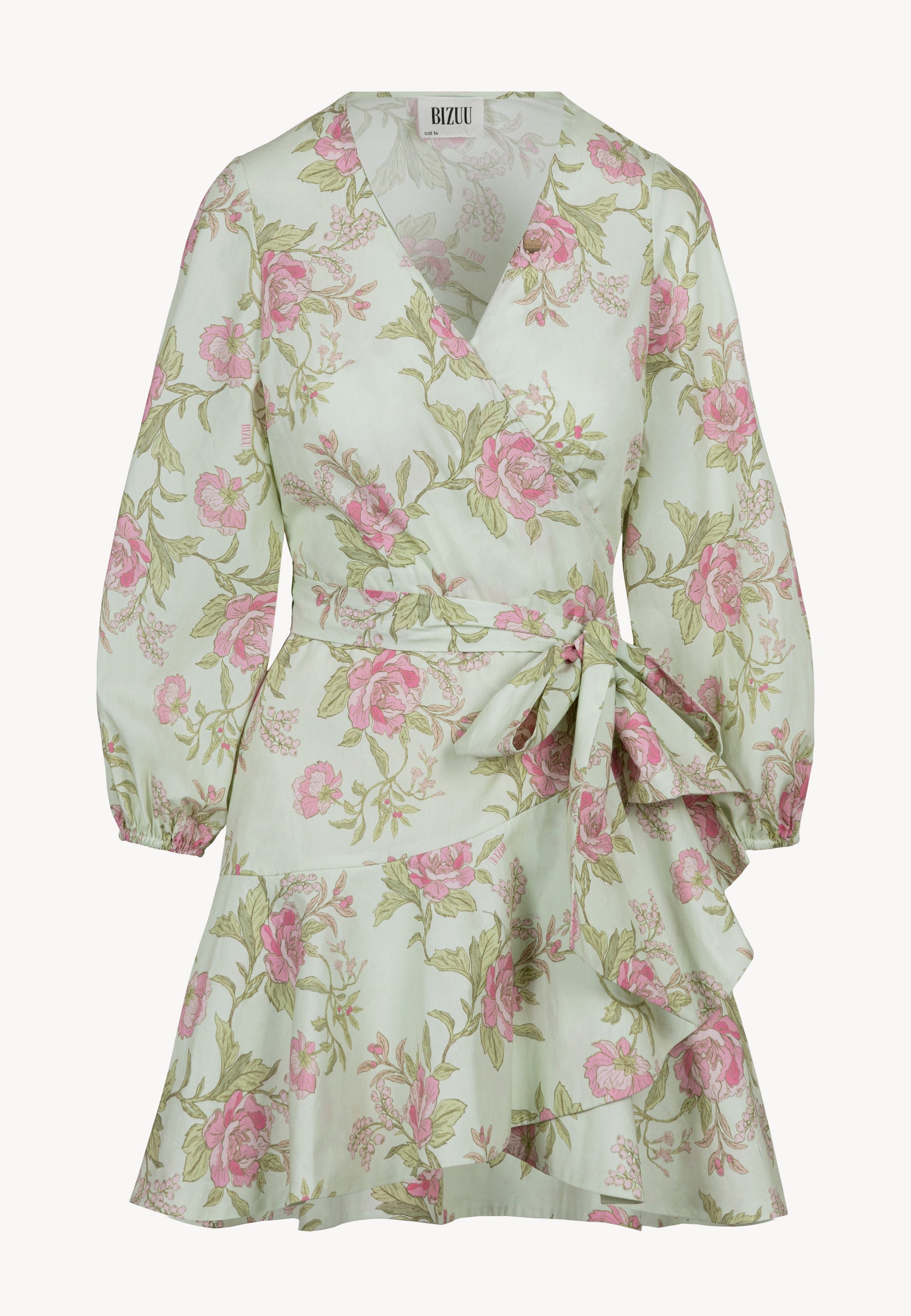 Kopertowa sukienka mini w autorski print AMBROSIA zielona